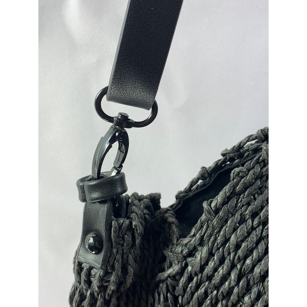 ABERCROMBIE & FITCH Women's Black Straw Woven Round Snap-Button Tote Bag