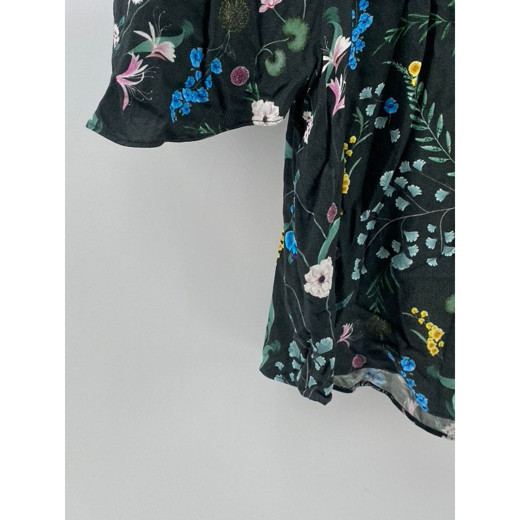 ANNA GLOVER X H&M Women's Black Floral Print Crewneck Short Sleeve Top SZ 4