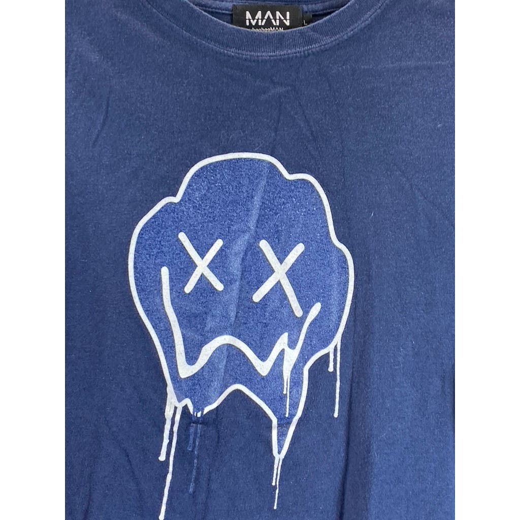 BOOHOO Men's Navy Crewneck Oversized Tonal Drip Face Graphic T-Shirt SZ L