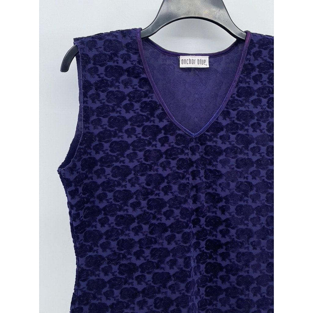 ANCHOR BLUE Women's Blue V-Neck Velvet Rose Print Sleeveless Cropped Top SZ S