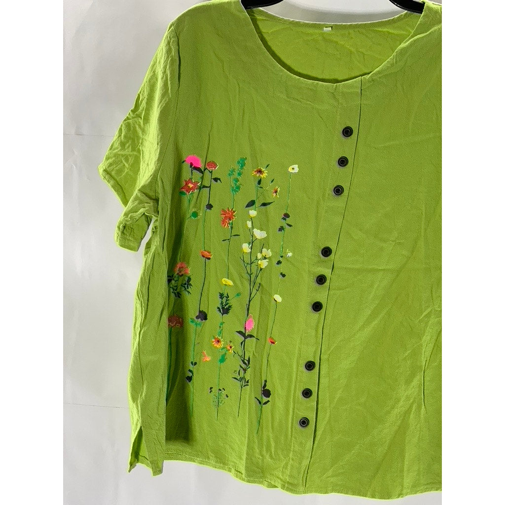 UNBRANDED Women's Lime Green Floral Snap-Button Crewneck Short Sleeve Top SZ 3XL