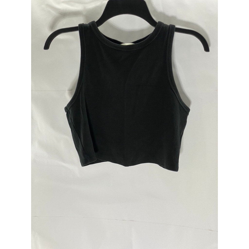 H&M Women's Black Sleeveless Ribbed Knit Stretch Halter Crop Top SZ L