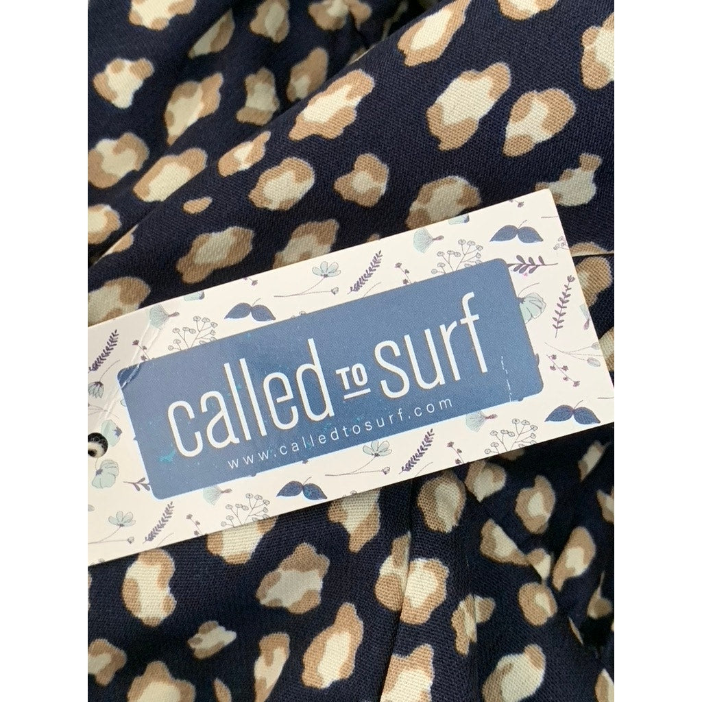 CALISTA Women's Navy Printed Crewneck Puff-Sleeve Tiered Midi Dress SZ L