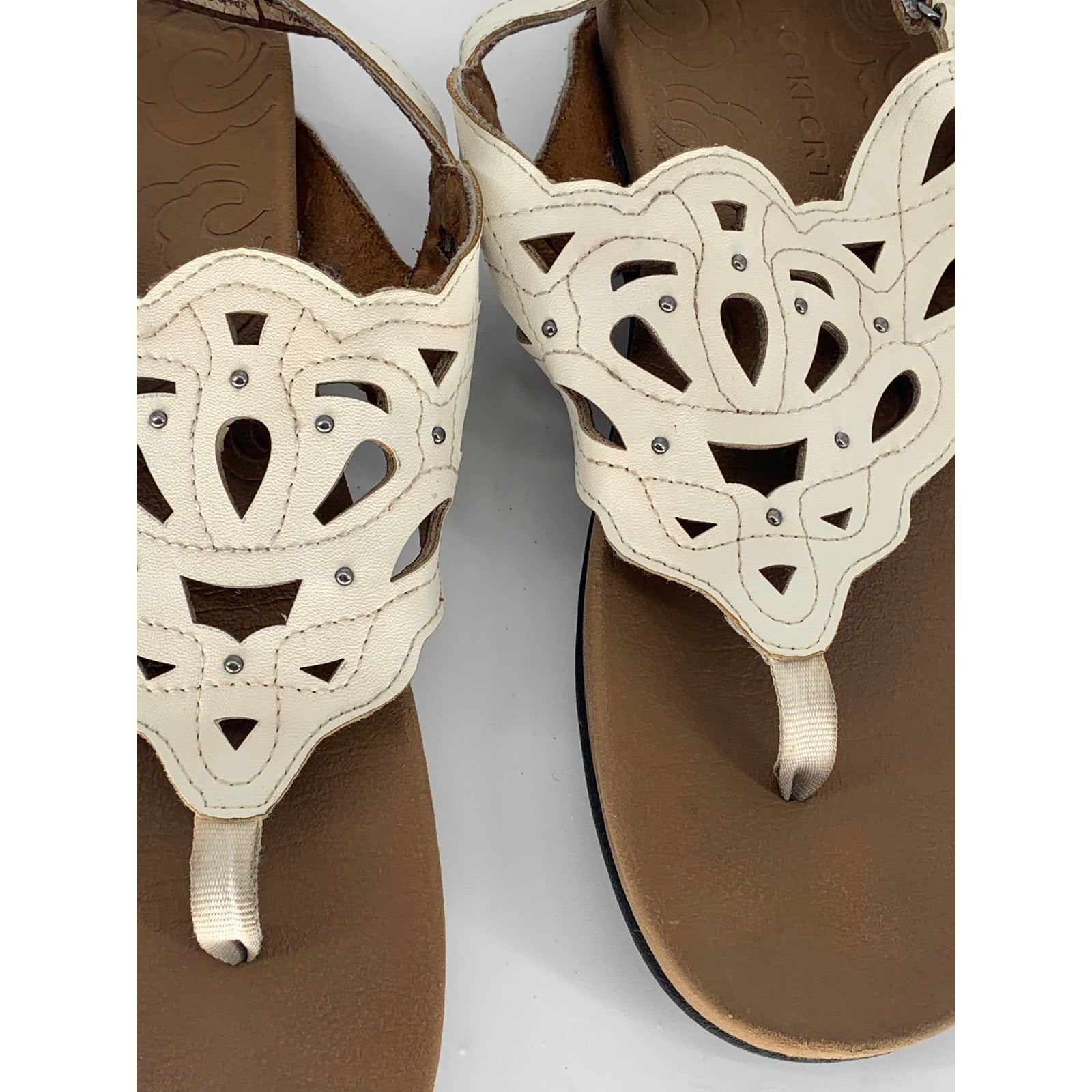 ROCKPORT Women's White Leather Ridge Floral Slingback Comfort Thong Sandal SZ7.5