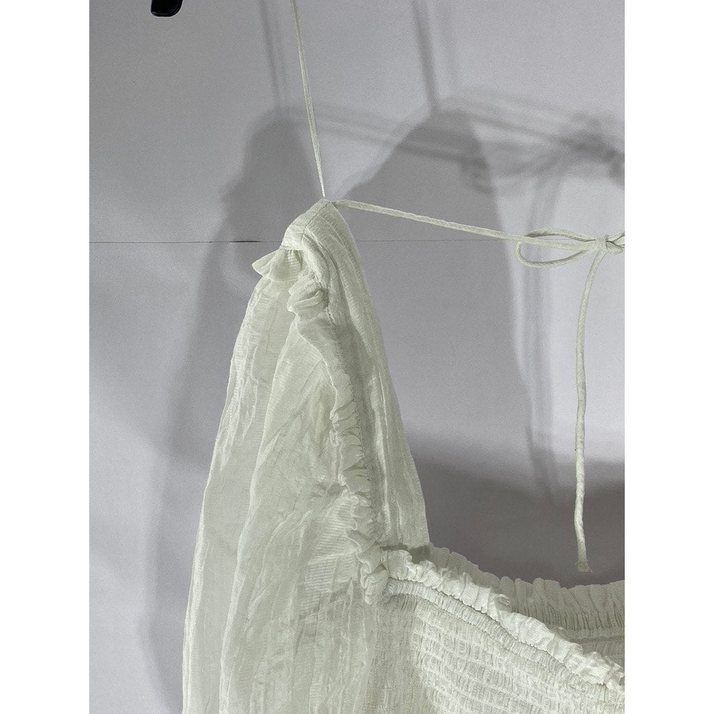 H&M Women's White Smocked Conscious Choice Puff-Sleeve Crop Top SZ S