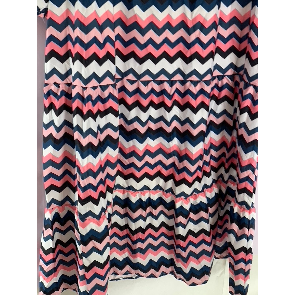 UNBRANDED Women's Pink/Black/White Zig-Zag Tie-Neck 3/4 Sleeve Midi Dress SZ XL