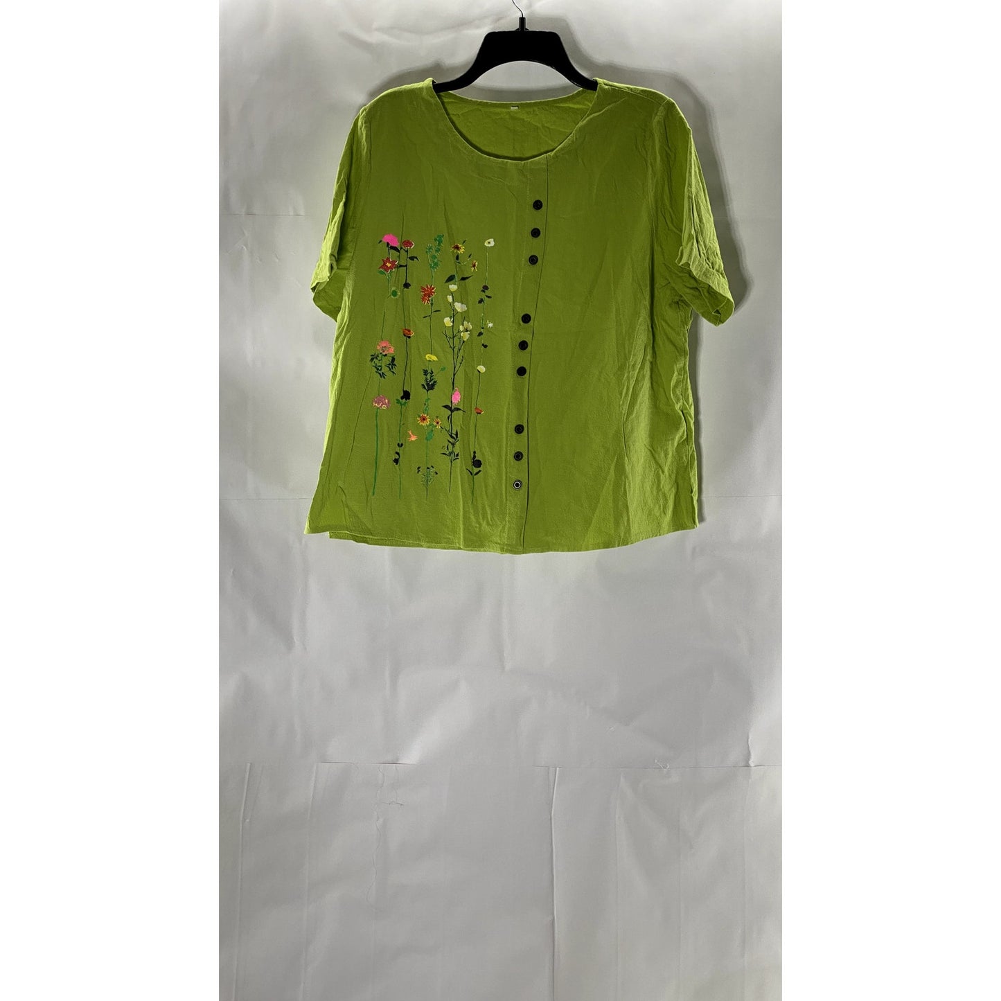 UNBRANDED Women's Lime Green Floral Snap-Button Crewneck Short Sleeve Top SZ 3XL
