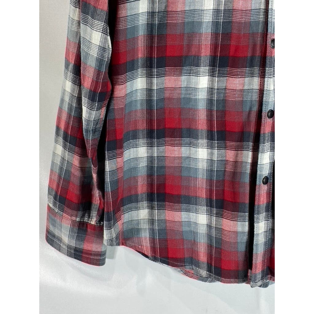 LUCKY BRAND Black Label Men's Red/Gray Plaid Classic-Fit Button-Up Shirt SZ L