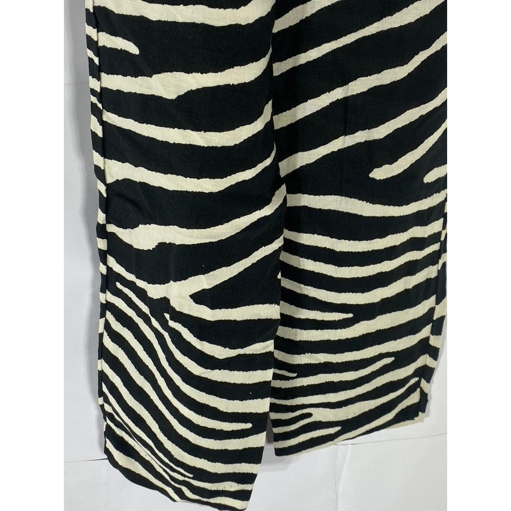 H&M Women's Black-White Zebra Linen-Blend High-Rise Belted Paper-Bag Pant SZ 4