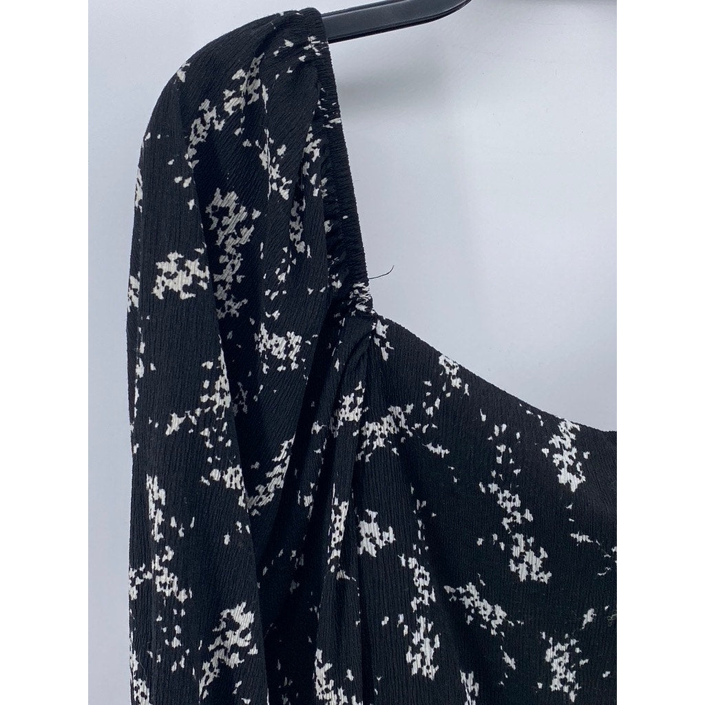 ANTHROPOLOGIE Women's Black-Beige Printed Sweetheart Long Sleeve Top SZ XL