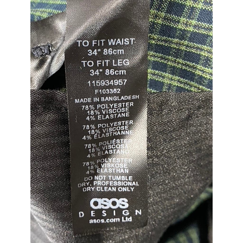 ASOS DESIGN Men's Navy/Green Micro Check Tapered Smart Trousers SZ 34X34