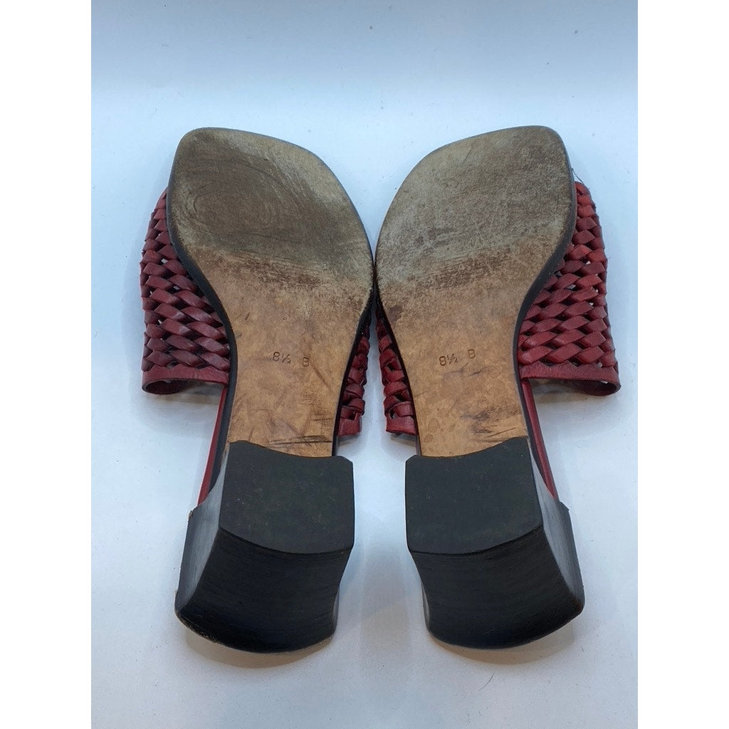 COLE HAAN Women's Red Leather Woven Square Open-Toe Block Heel Sandals SZ 8.5