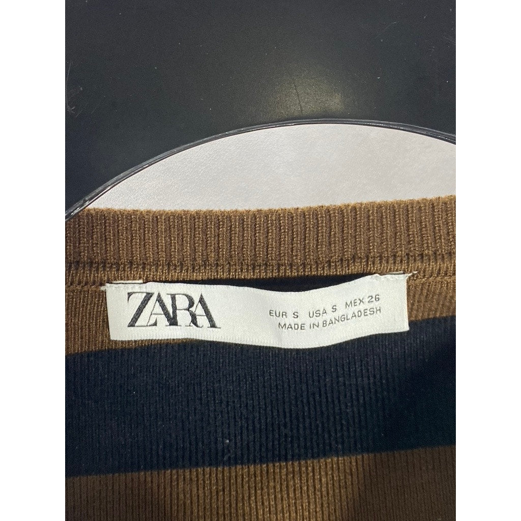 ZARA Women's Black/Brown Striped Knit Crewneck Long Sleeve Crop Top SZ S