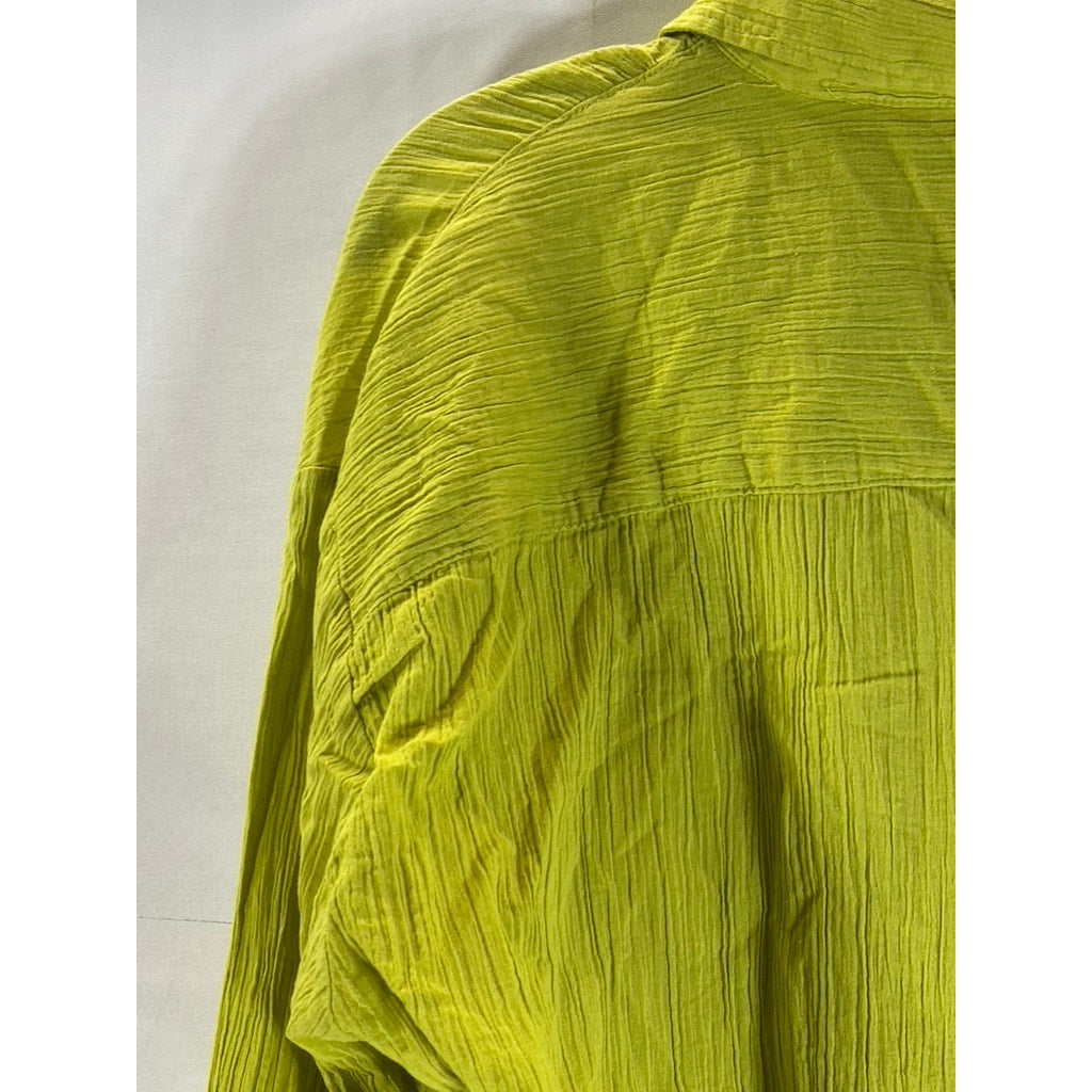 H&M Women's Yellow-Green Oversized Crinkle Long Sleeve Button-Up Top SZ S