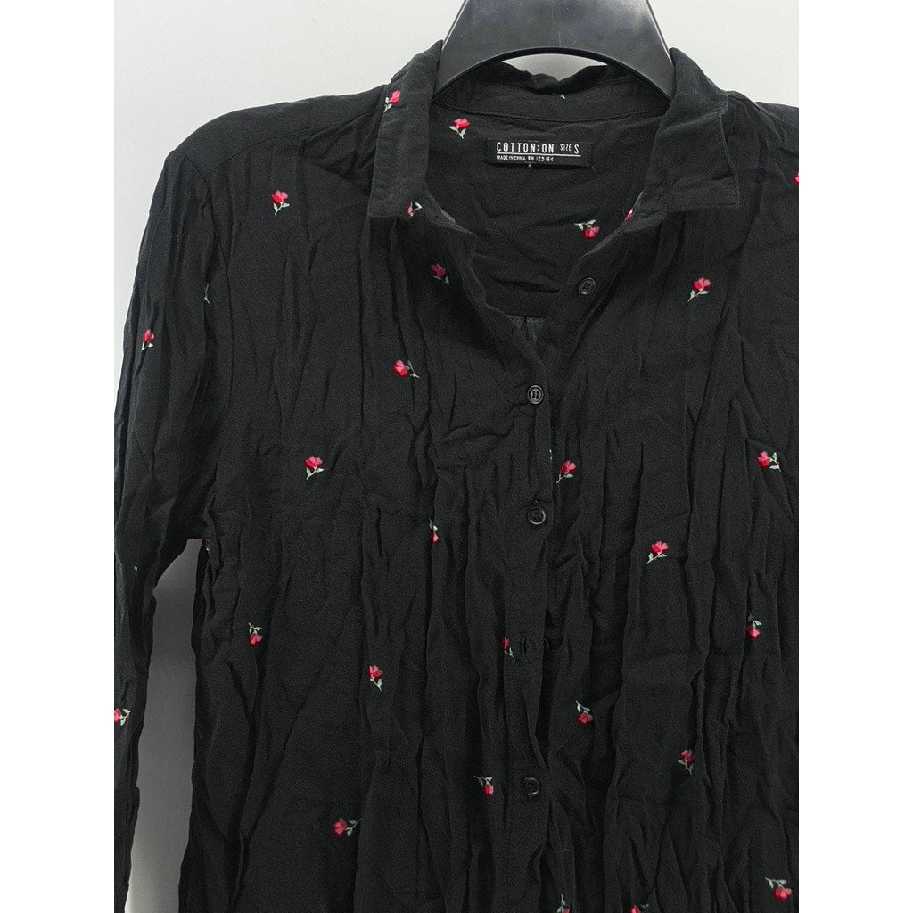 COTTON:ON Black Women's Mini Rose Print Button-Up Long Sleeve Top SZ S