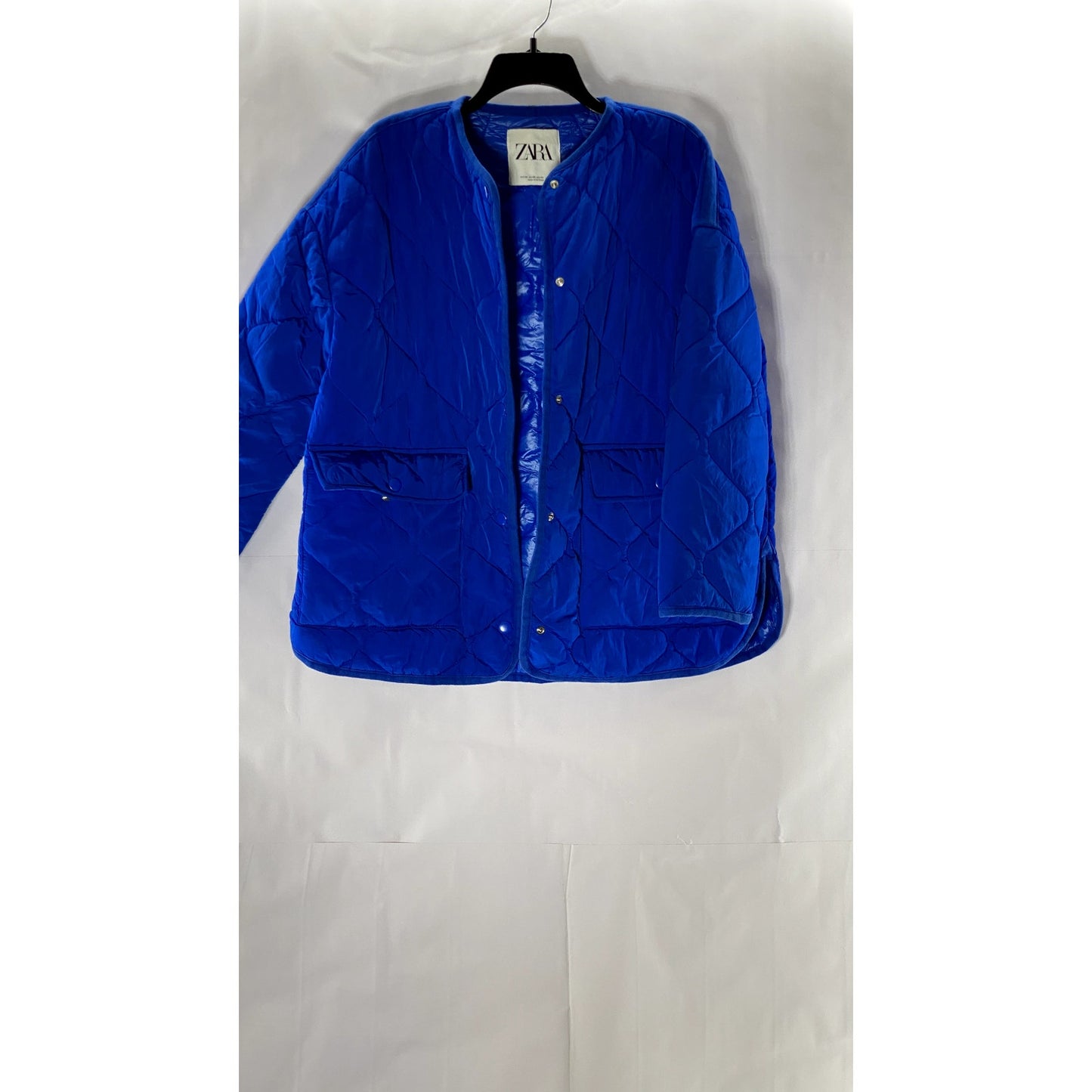 ZARA Women's Royal Blue Snap-Button Oversized Quilted Split Hem Jacket SZ XS