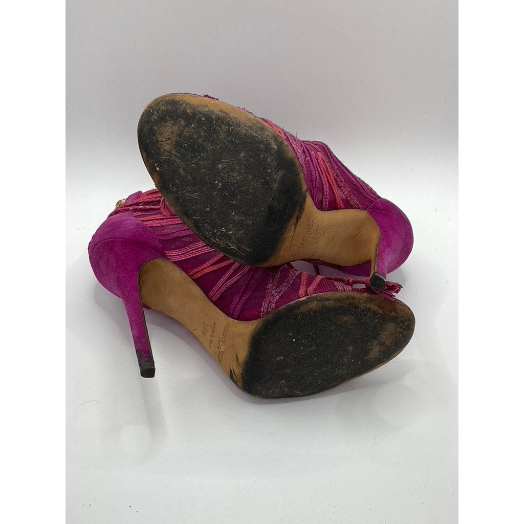 JIMMY CHOO Women's Magenta Kafira Mesh Peep-Toe Stiletto Booties SZ 38.5(US8.5)