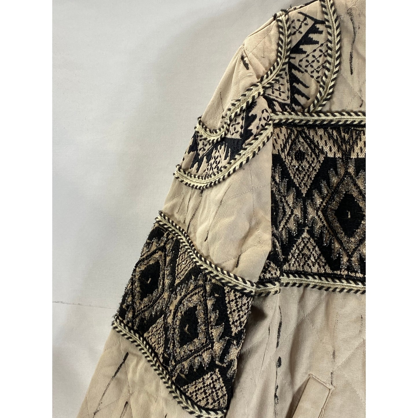 ALPHAMOMENT Women's Black/Beige Embroidered Printed Zip-Up Jacket SZ 38(S)