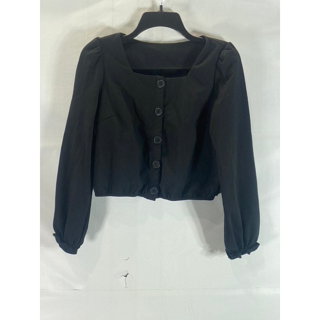 ALXNAN STUDIO Women's Black Square-Neck Long-Sleeve Button-Up Cropped Top SZ L