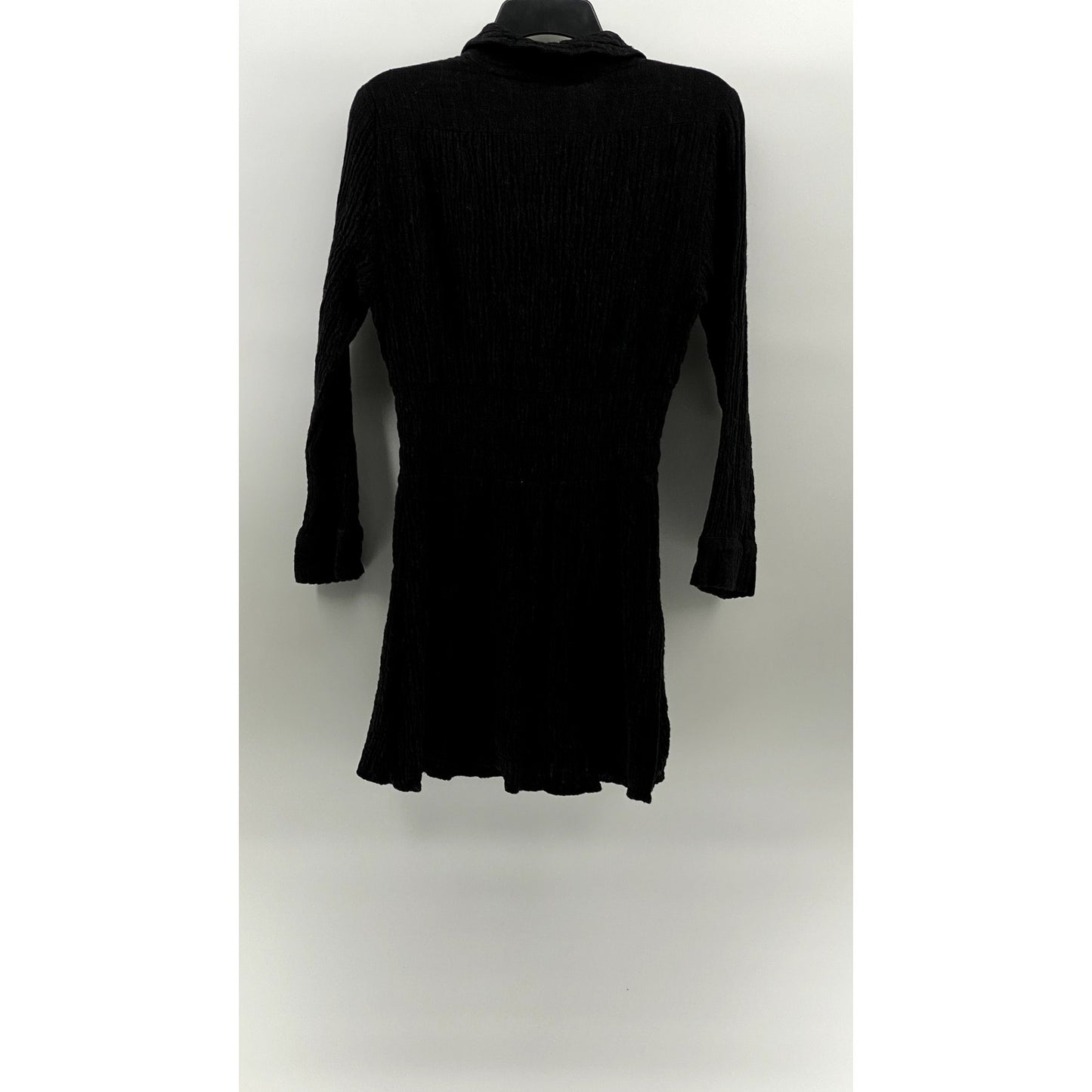 ZARA Women's Black Textured Smocked-Waist Long Sleeve V-Neck A-Line Dress SZ M