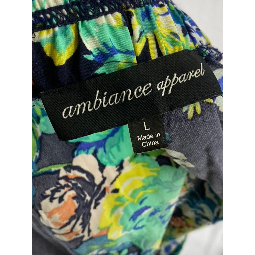 AMBIANCE APPAREL Women’s Navy Blue-Green Floral Print Elastic Waist Mini Skirt L