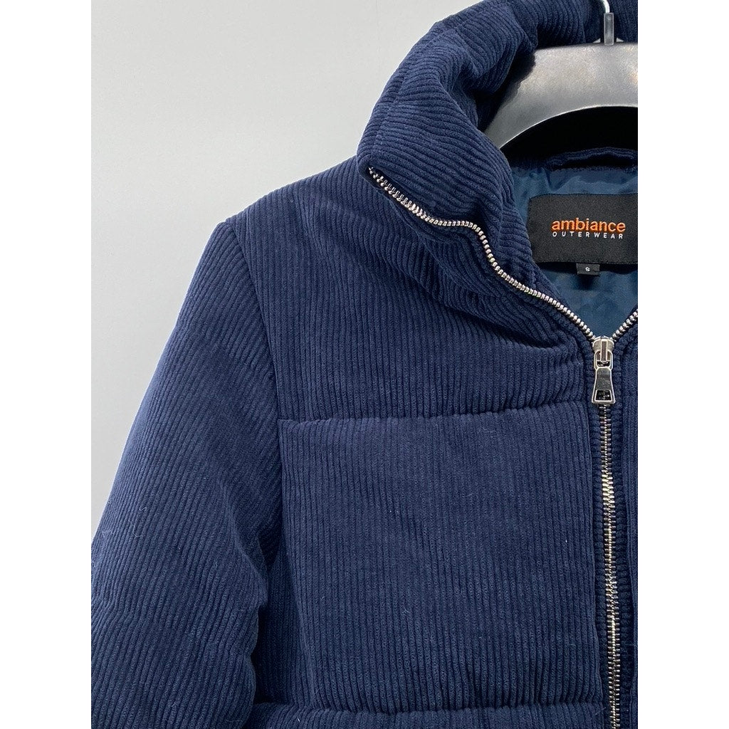 AMBIANCE OUTWEAR Women's Navy Blue Corduroy Stand Collar Puffer Jacket SZ S