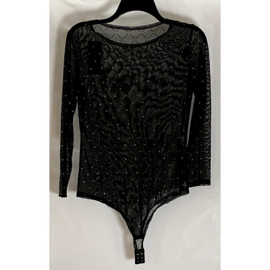 UNBRANDED Women's Black Mesh Glitter Diamond Detail Long Sleeve Bodysuit SZ S
