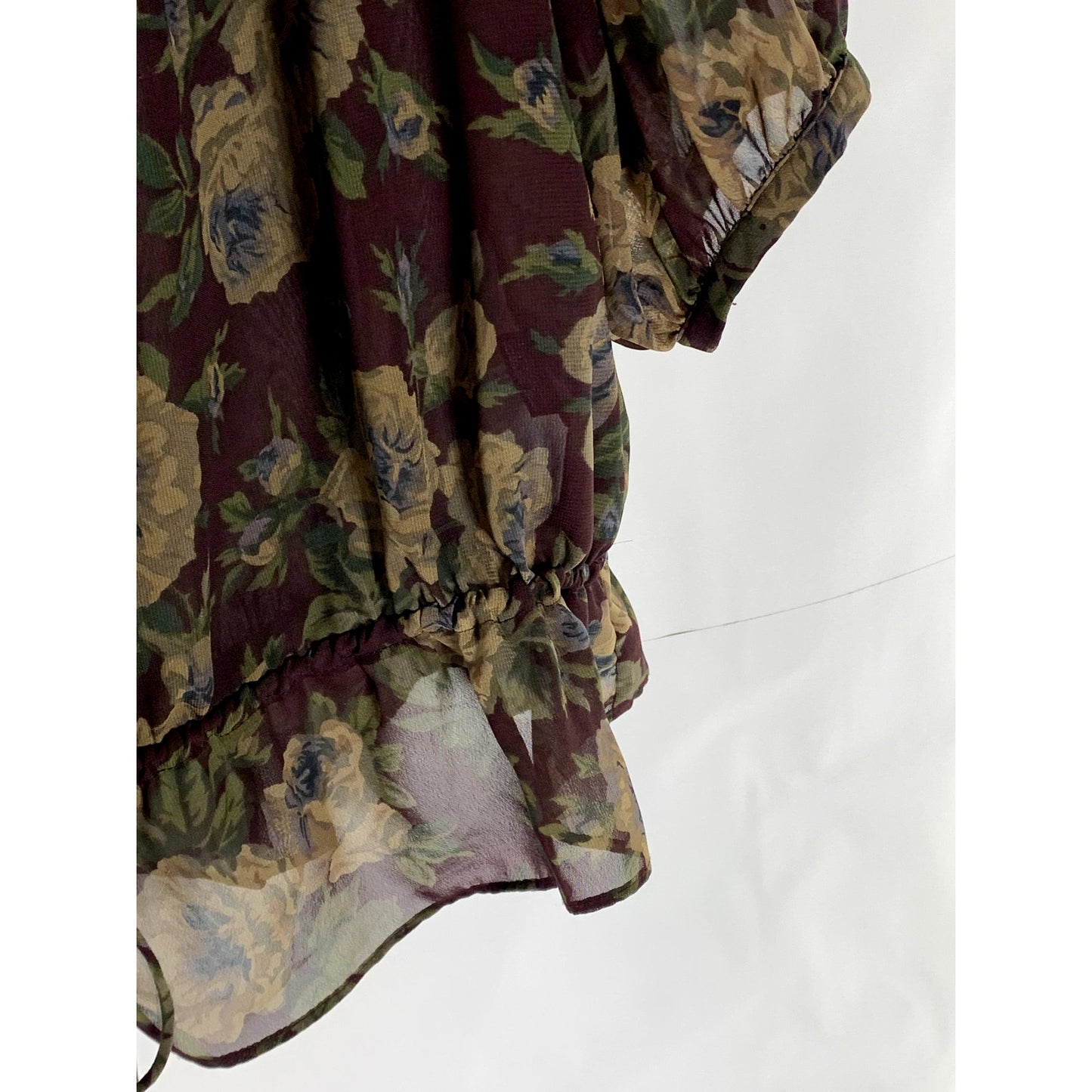 AMERICAN LIVING Women's Brown Floral Short Sleeve Ruffle Drawstring Hem Top SZ L