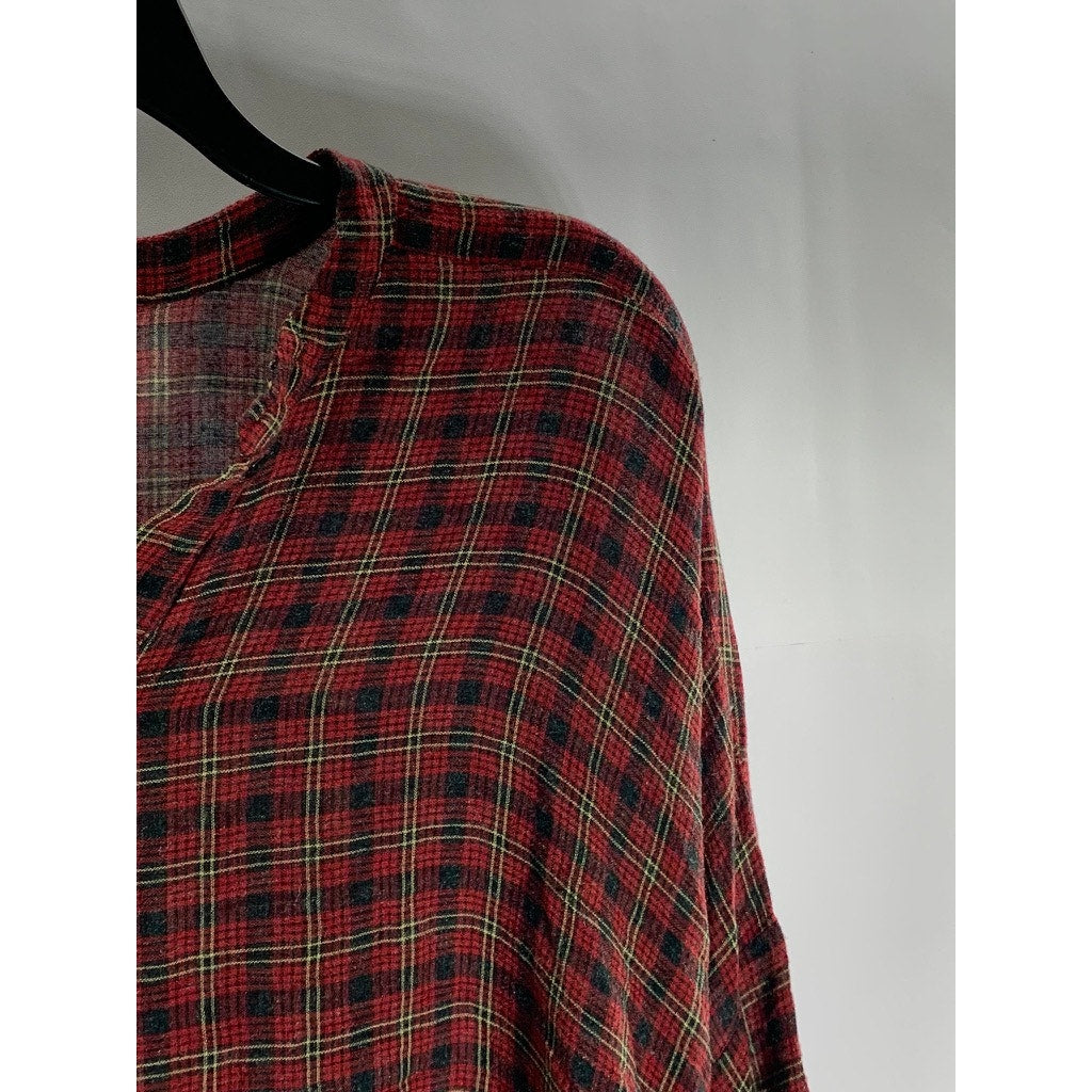 ZARA Women's Red/Green Plaid Long Sleeve Hi-Low Hem Henley Top SZ M