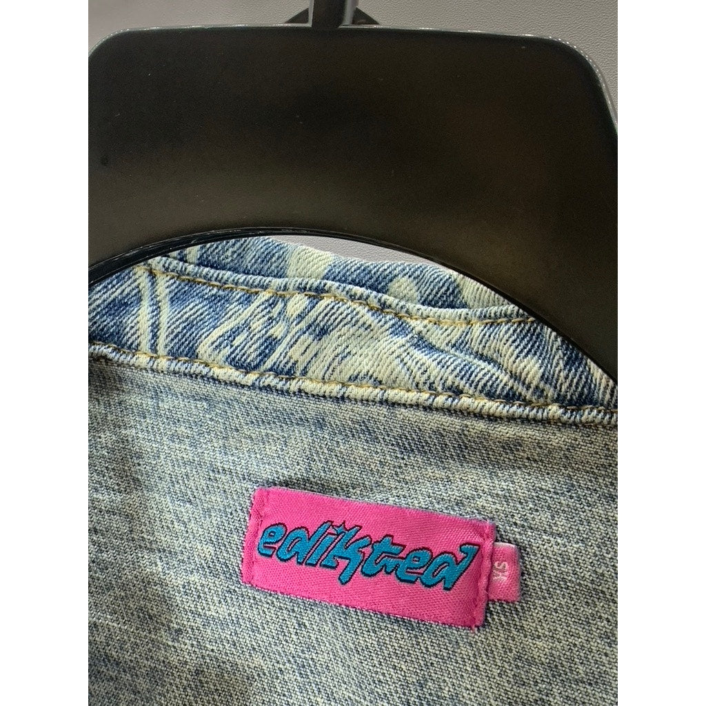 EDIKTED Women's Blue Malia Print Denim Long Sleeve Button-Up Cropped Jacket SZXS