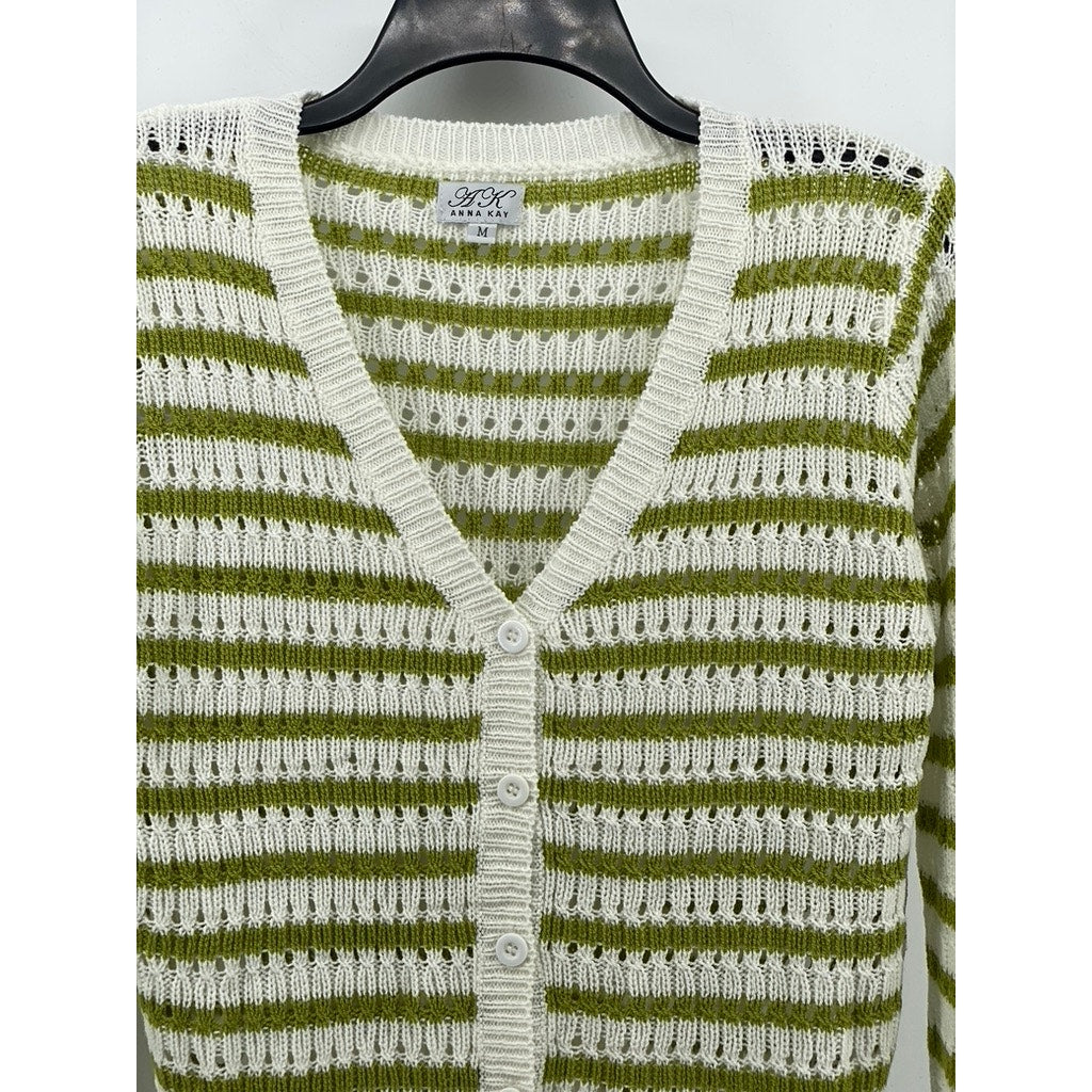 ANNA KAY Women's White-Green Knit Striped Button-Up Long Sleeve Cardigan SZ M