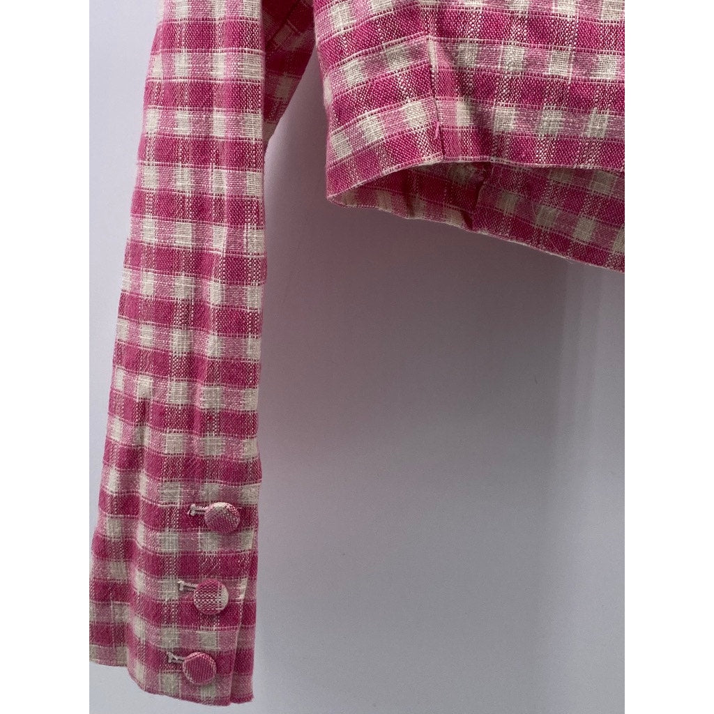 ZARA Women’s Pink Gingham Button-Up Straight Neck Long Sleeve Crop Top SZ M