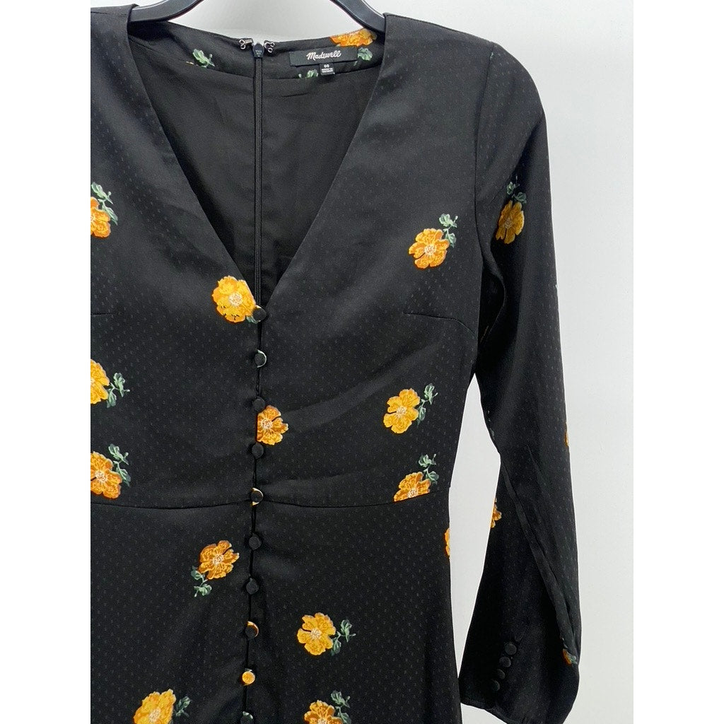 MADEWELL Women's Black-Yellow Lilyblossom Button-Front Long Sleeve Dress SZ 00