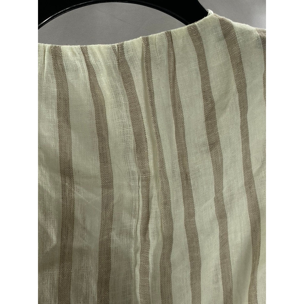 ZARA BASIC Women’s Beige Striped Tie-Neck Sleeveless Cotton-Linen Top SZ S