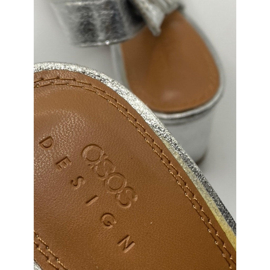 ASOS DESIGN Women's Silver Metallic Pointed-Toe Slingback Block Heel Pumps SZ 7