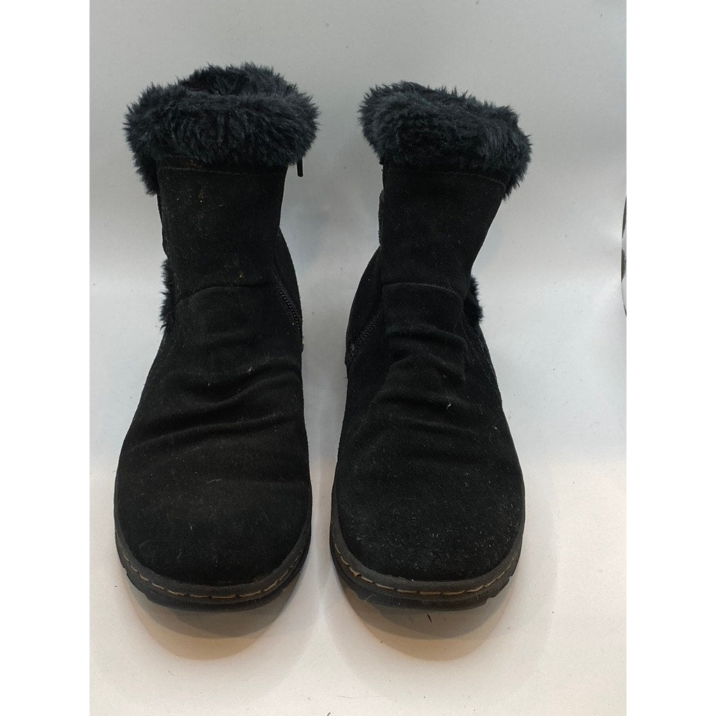 BARETRAPS Women's Black Leather Faux-Fur Round-Toe Ankle Winter Boots SZ 7