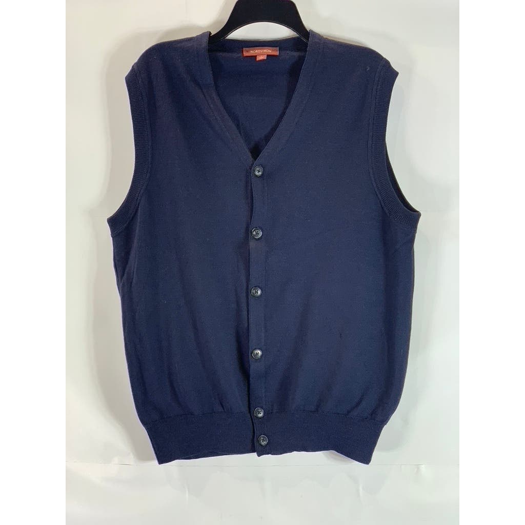 NORDSTROM Men's Navy V-Neck Extra Fine Merino Wool Button-Down Sweater Vest SZ L