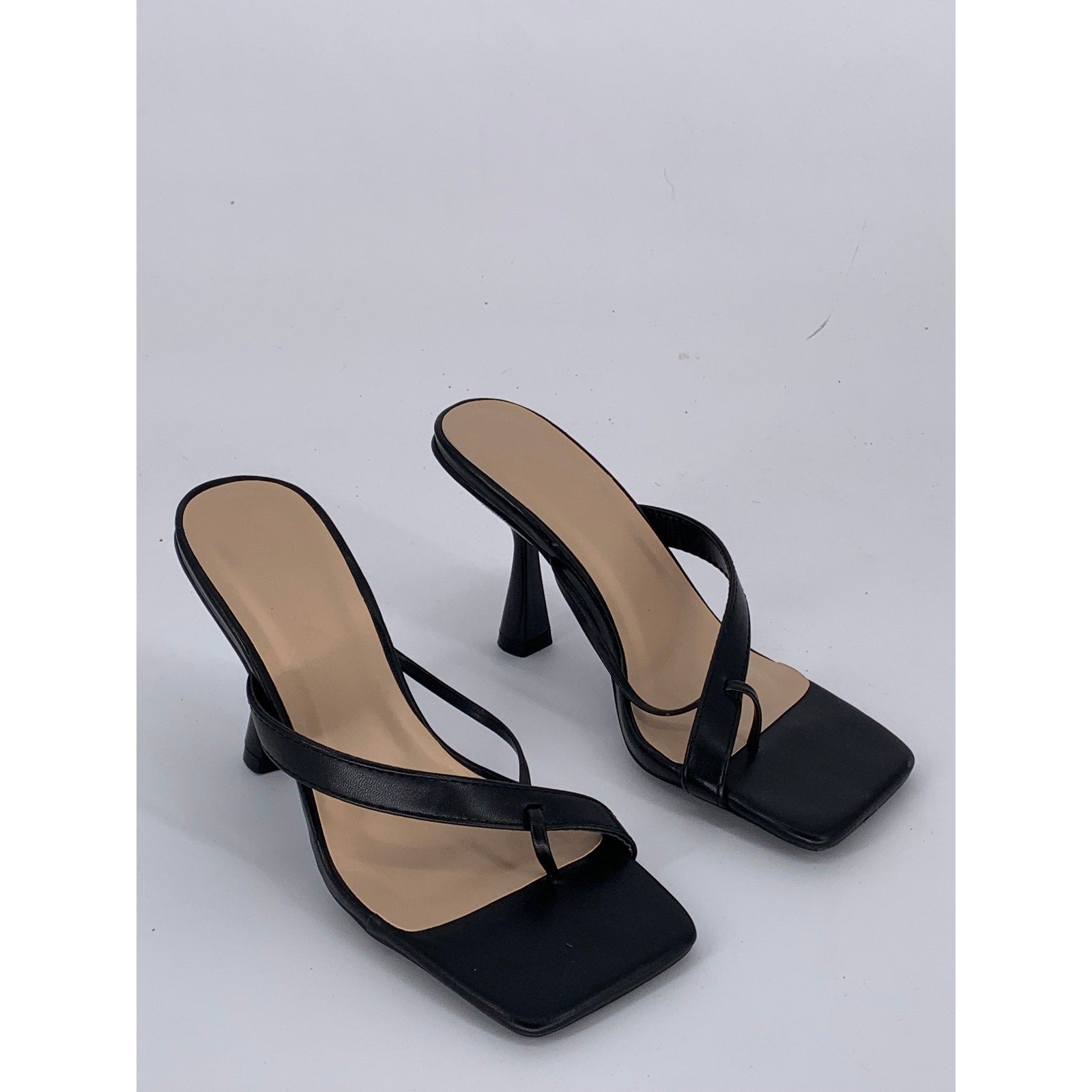 UNBRANDED Women's Black Faux-Leather Square-Toe Slip-On Heeled Sandals SZ 6