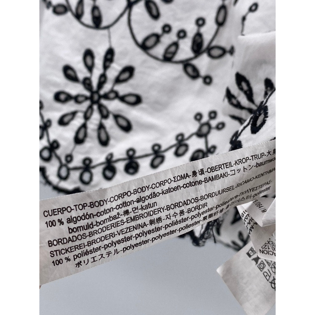ZARA TRAFALUC Women's White-Black Embroidered Floral Short Sleeve Top SZ M