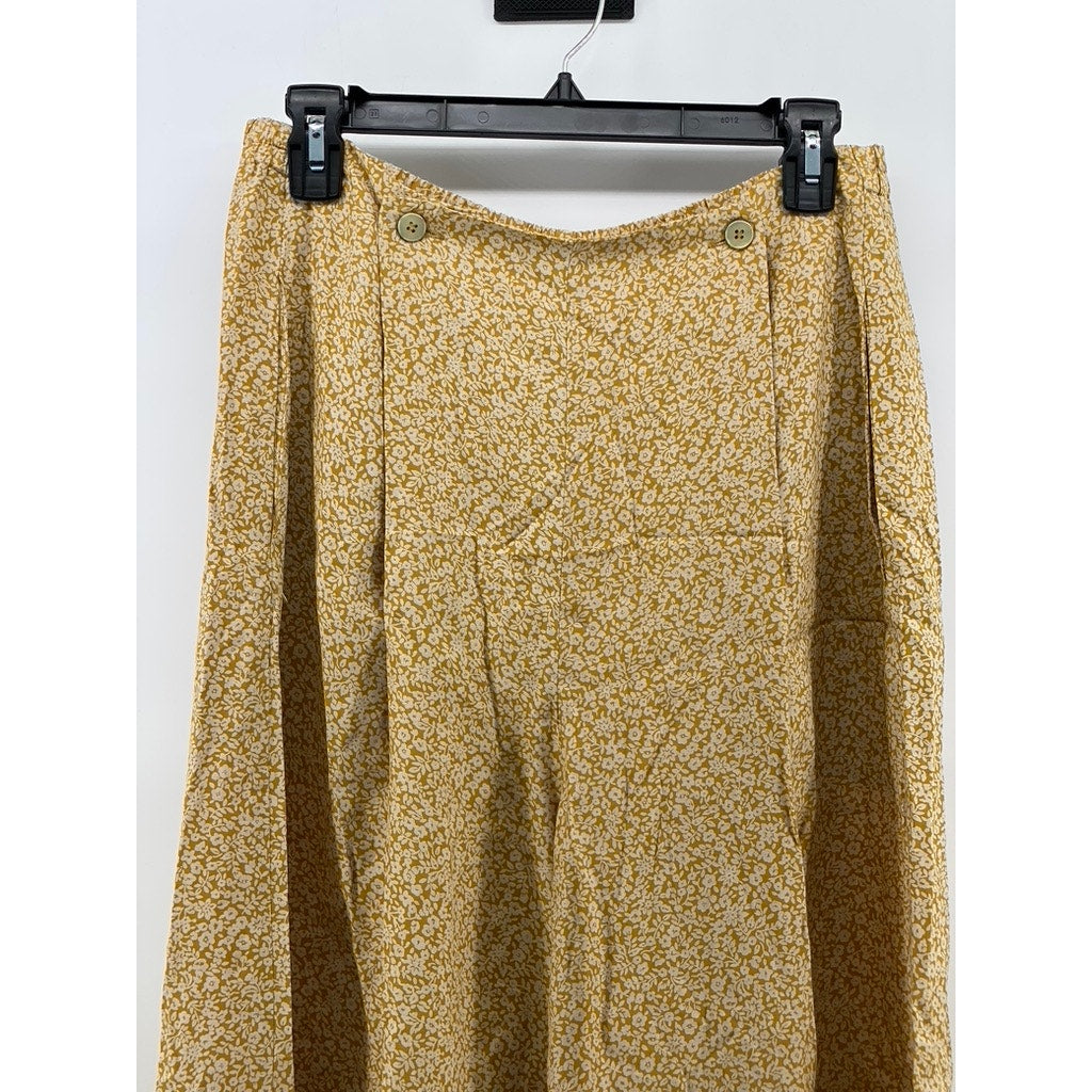 UNBRANDED Women's Yellow Floral Print Pull-On Wide-Leg Relaxed Fit Pants SZ M