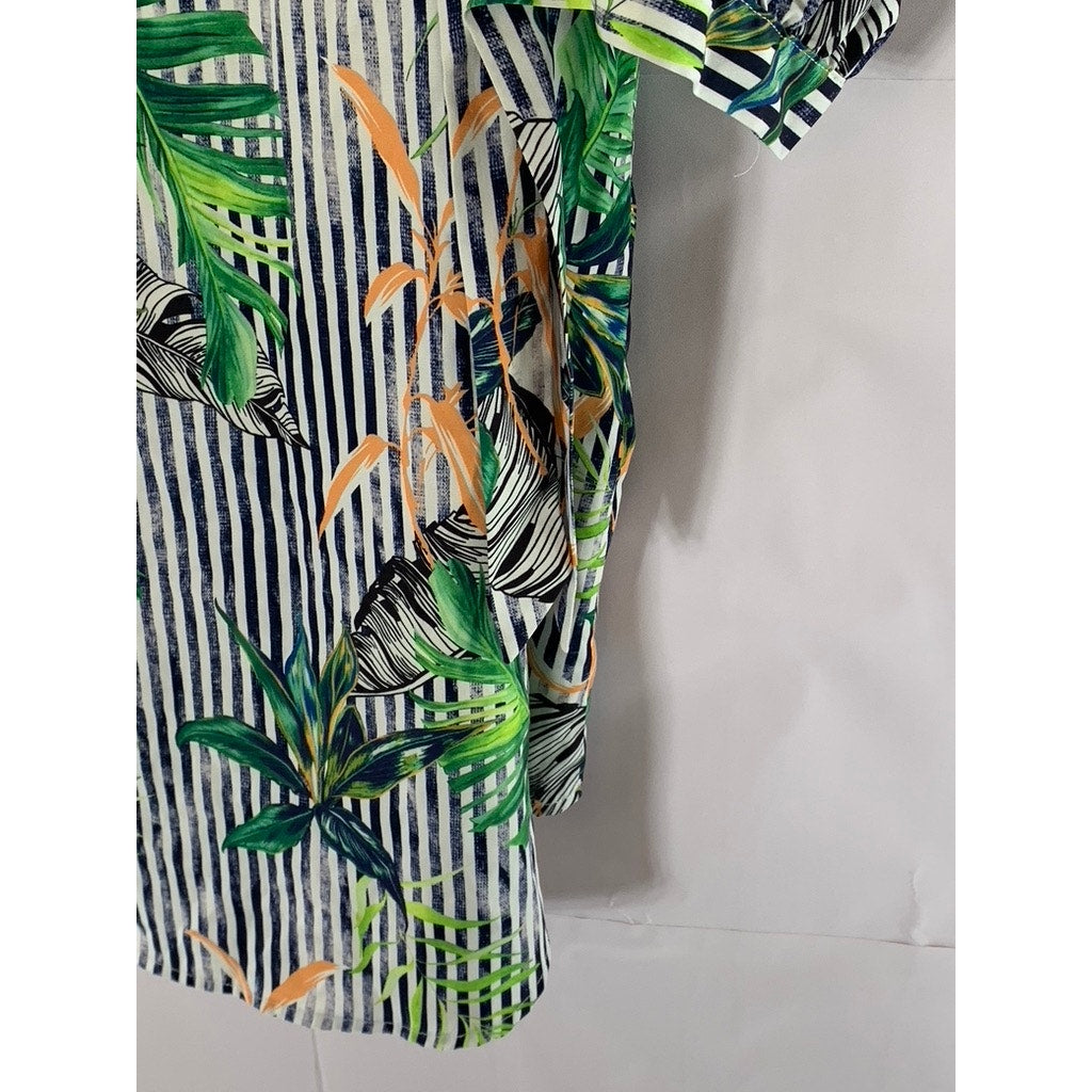 CUPSHE Women's White Striped Hawaiian Tropical Tie-Sleeve Cover-Up Dress SZ L