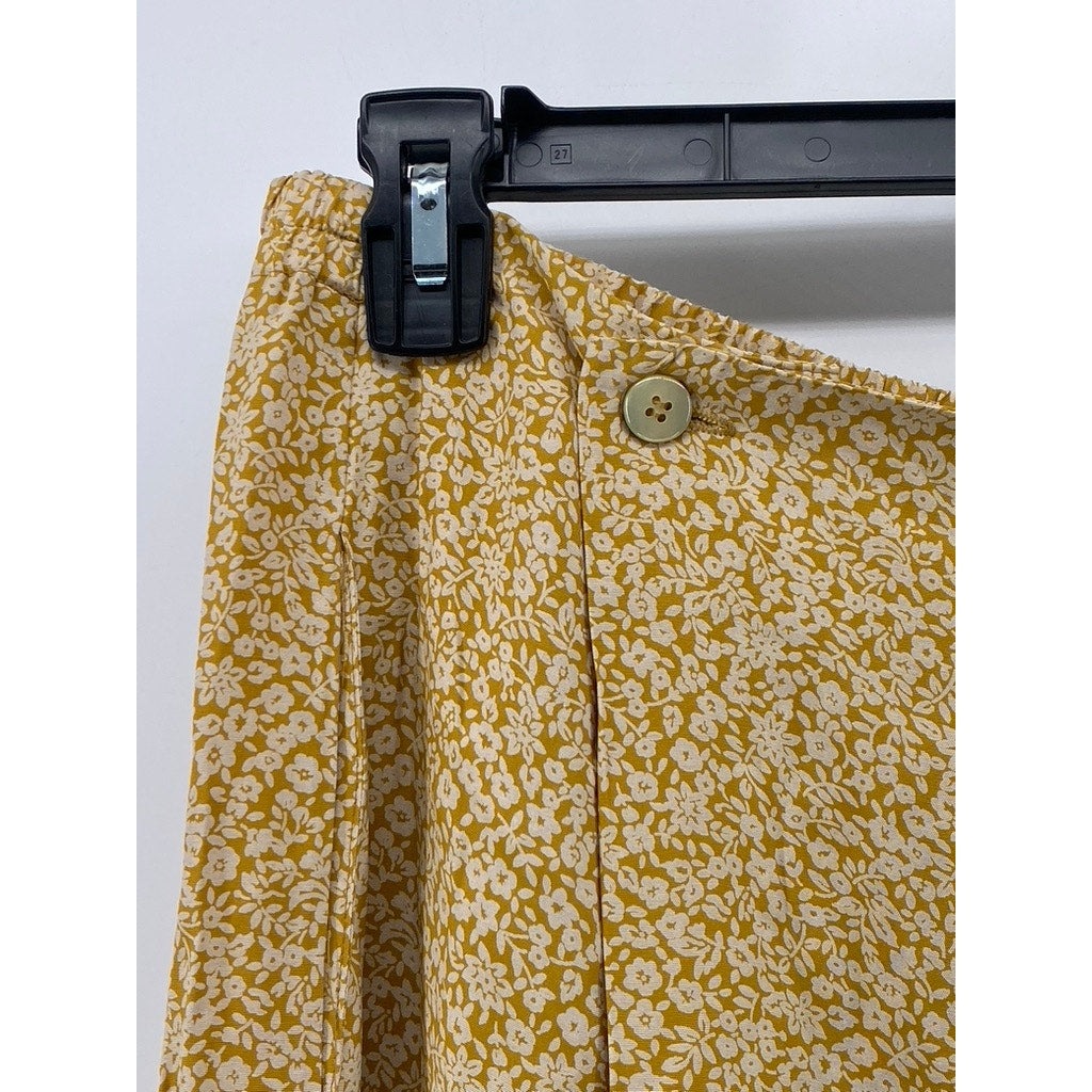UNBRANDED Women's Yellow Floral Print Pull-On Wide-Leg Relaxed Fit Pants SZ M