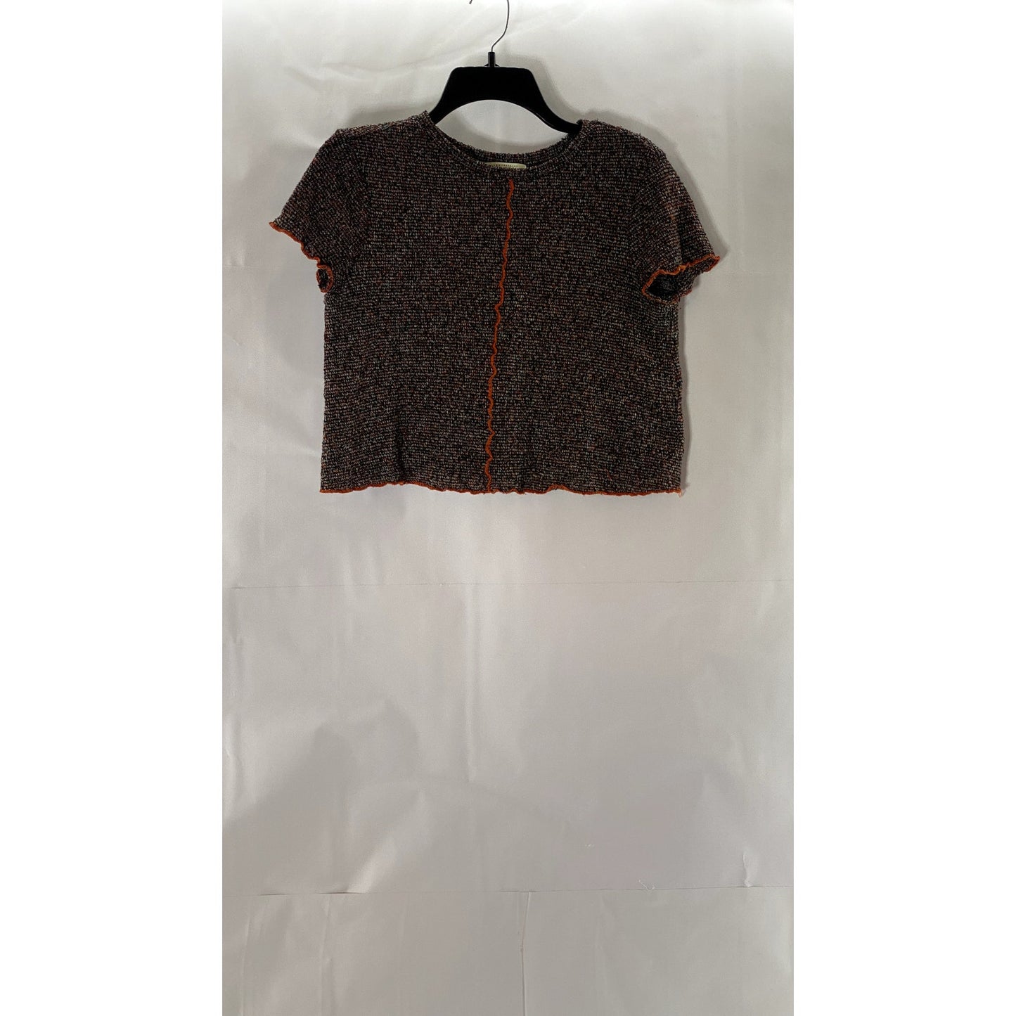 ZARA TRAFALUC Women's Brown/Orange Overstitch Lettuce-Trim Knit Crop Top SZ S