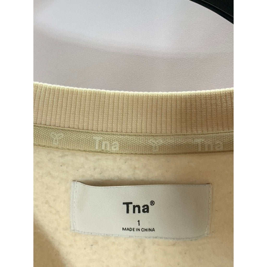 TNA Women's Beige Solid Crewneck SoftFleece Boyfriend Pullover Sweatshirt SZ1(S)