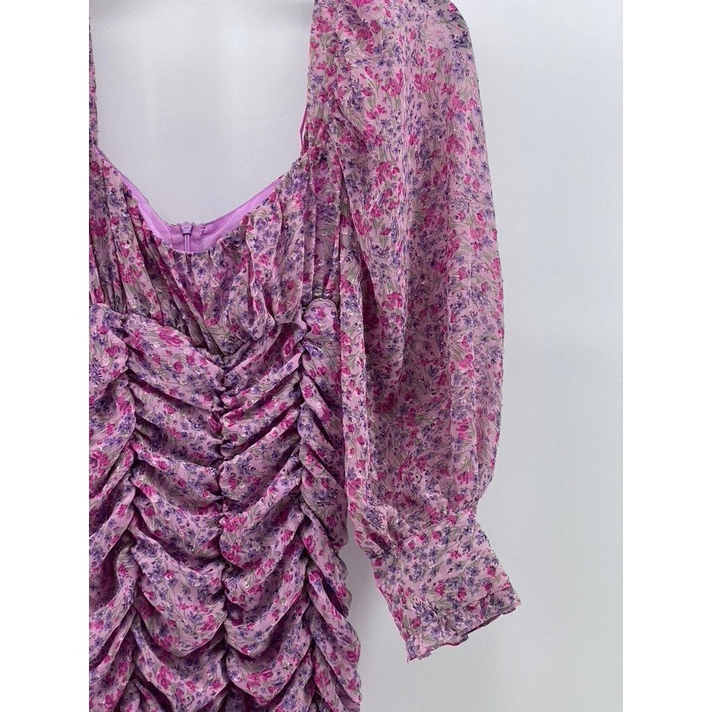 ZARA Women's Lilac Floral Print Ruched Ruffle Balloon-Sleeve Mini Dress SZ S