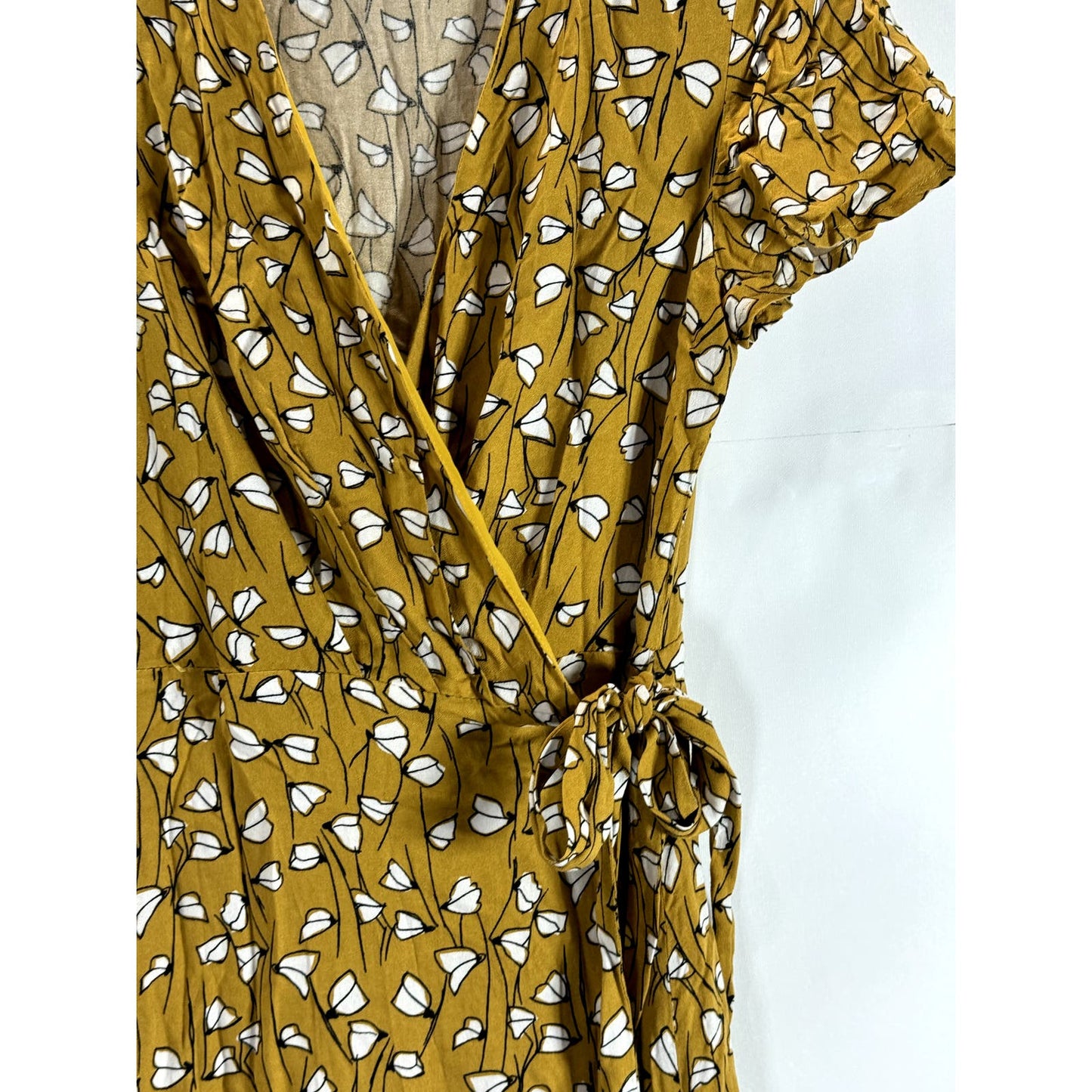 DRESS FORUM Los Angeles Women's Yellow Print V-Neck Short Sleeve Wrap Dress SZ S