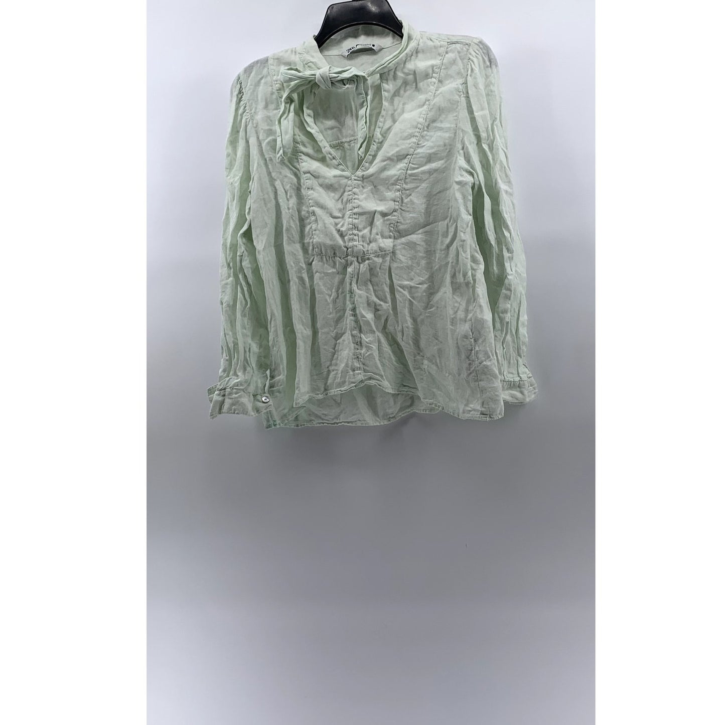 ZARA Women's Light Green Linen Keyhole Tie-Neck Long Sleeve Top SZ XS