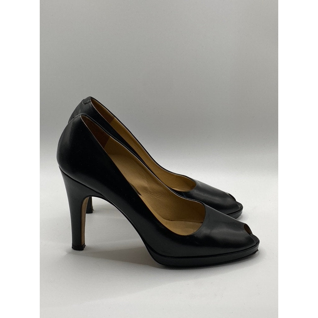 FACONNABLE Women's Black Leather Peep-Toe Slip-On Stiletto Heels SZ 6.5