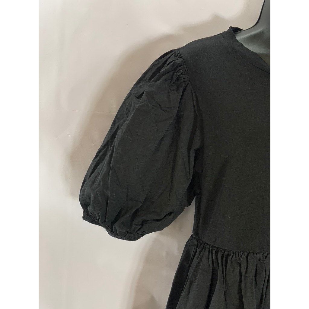 EN SAISON Women's Black Solid Crewneck Puff Sleeve Ruffle-Hem Mini Dress SZ L
