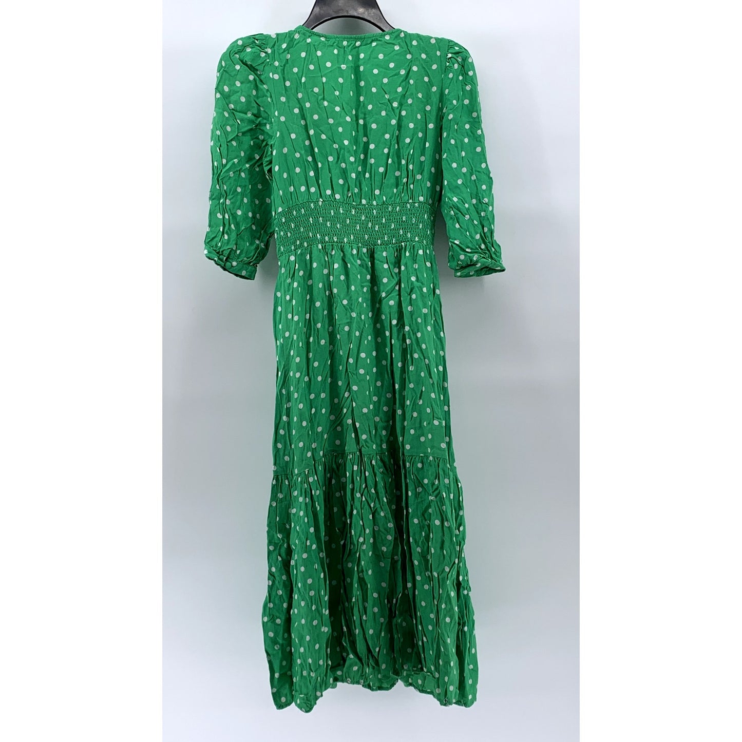 ZARA Women's Green-White Polka Dot Smocked V-Neck Button-Front Midi Dress SZ XS
